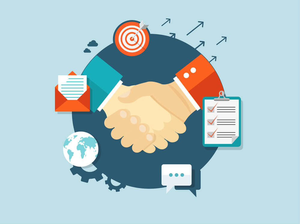 Pessoa usando smartphone com ícones do WhatsApp e gráficos de crescimento de negócios