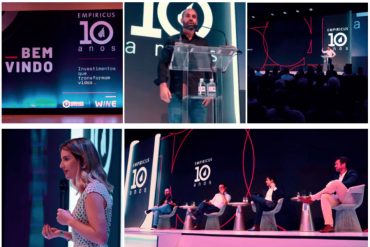 Homem sorrindo segurando gráfico de crescimento financeiro em frente a tela com números de 1 milhão de reais, Empiricus 1 Milhão Rápido