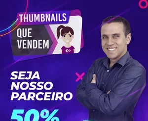 Thumbnail vibrante e chamativa com texto 'Thumbnails Que Vendem' em destaque e ícones de cliques e vendas, otimizado para SEO.
