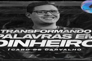 Ícaro de Carvalho apresentando o curso Transformando Palavras em Dinheiro 2.0, com destaque para o tema de copywriting e marketing digital.