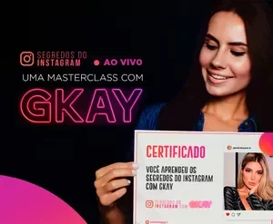 Capas de curso sobre Segredos do Instagram GKAY, com ícones de crescimento e sucesso digital.