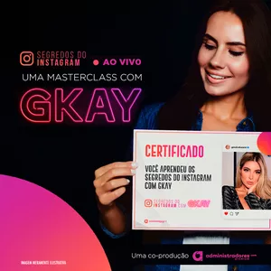 Capas de curso sobre Segredos do Instagram GKAY, com ícones de crescimento e sucesso digital.
