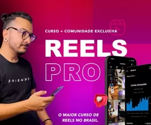 Capa do curso Reels Pro de Rafael Bem, mostrando telas de edição de vídeo no celular com ícones de Reels e crescimento no Instagram.
