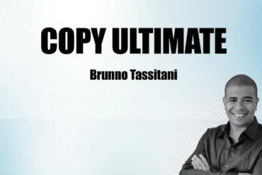 Brunno Tassitani apresentando o treinamento Copy Ultimate, com um fundo digital moderno e elementos de gráficos de vendas e conversão em destaque.