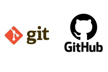 Estudante programando em um laptop com um diagrama de fluxo de trabalho Git e ícones do GitHub ao redor