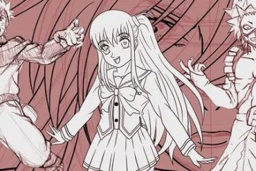 Estudante desenhando personagem de mangá com traços expressivos em um caderno, utilizando lápis e borracha.
