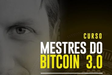 Capa do curso Mestres do Bitcoin 3.0 de Augusto Backes com ícones de criptomoedas.