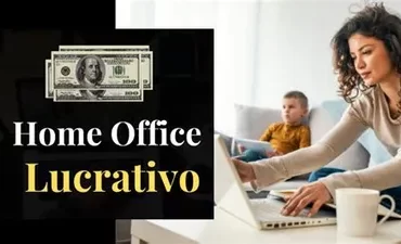 Tela de um notebook exibindo um gráfico de crescimento financeiro com a frase 'Home Office Lucrativo' em destaque.